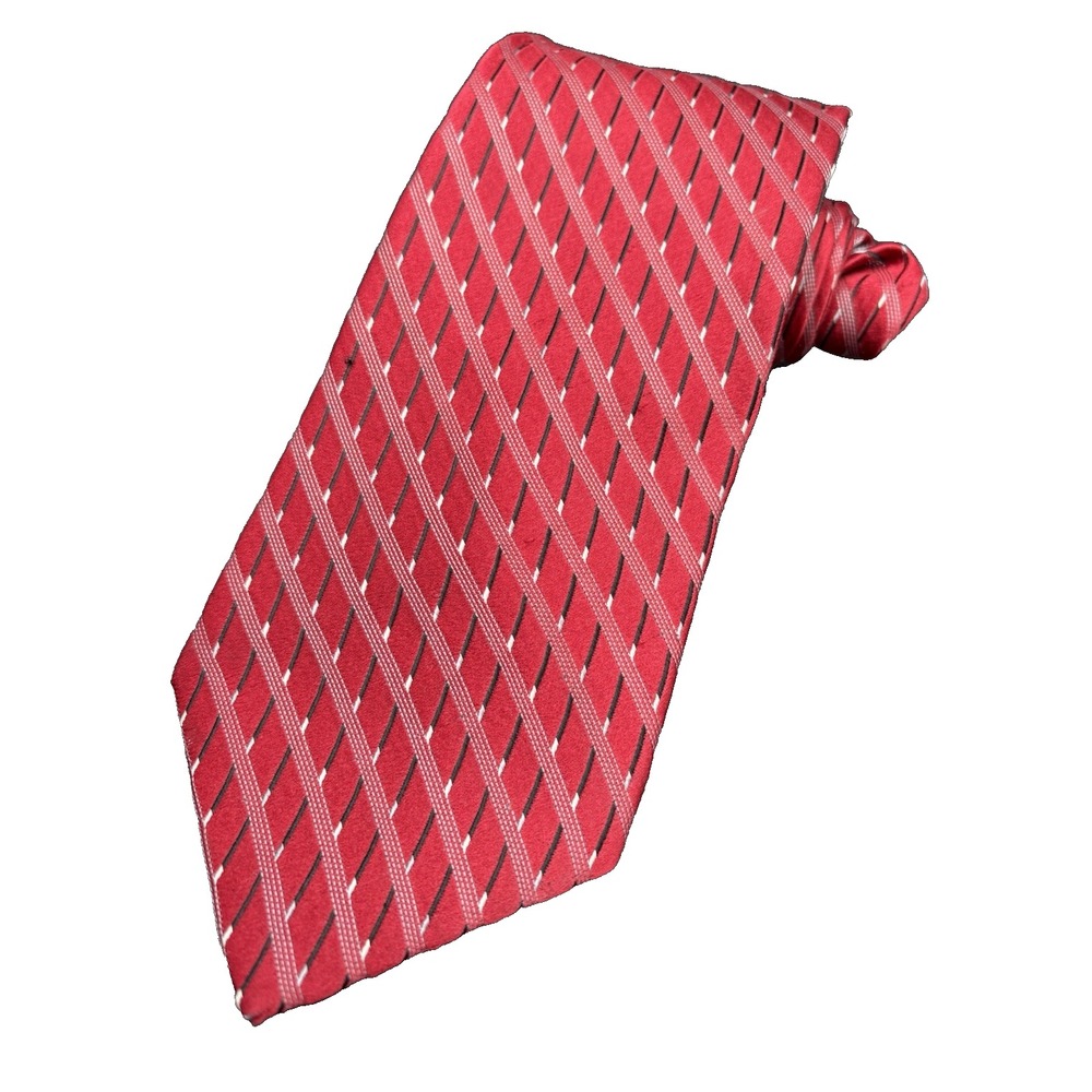 J. FERRAR Men's Tie 100% Silk Designer Bright Red Black Strips 3.75" x 61" GUC